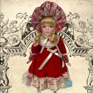 Vintage Victorian Doll Porcelain Lace Red Velvet Adorable Memories Hand Painted